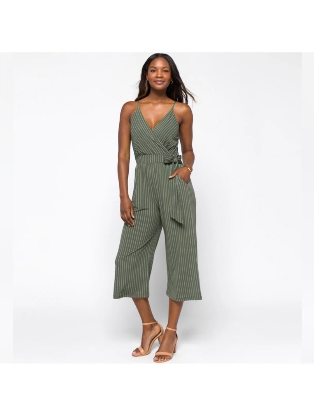Kaileigh Olive Striped Wrap Cropped Jumpsuit